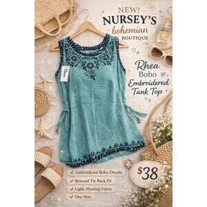 Rhea Boho Embroidered Tank Top Teal Tie Back One Size